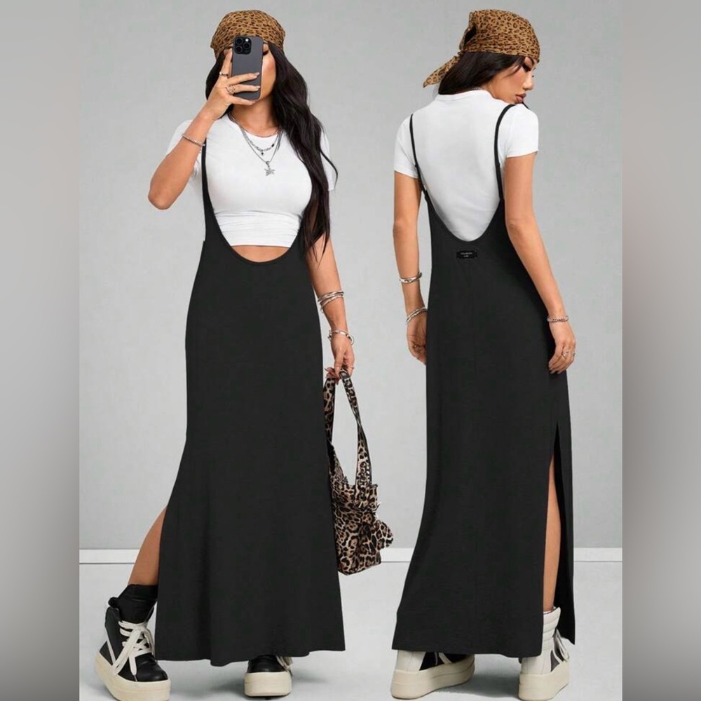 Black Scoop Back Maxi Jumper Dress sexy summer slit
